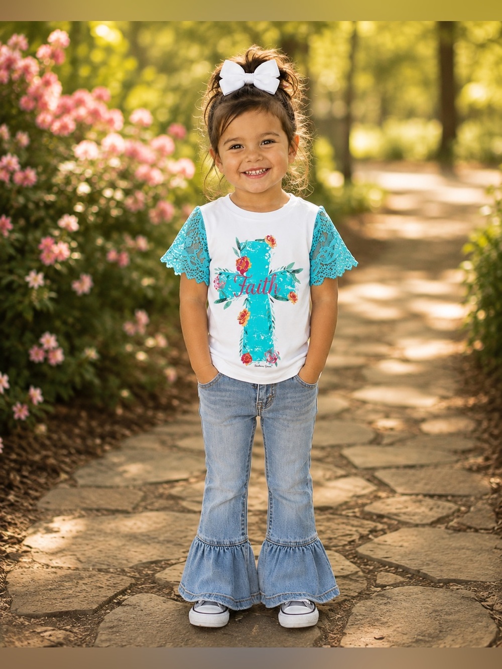 BRAND NEW WITH TAGS Girls’ “Faith” Cross Top with Lace Sleeves – Size 2/3T